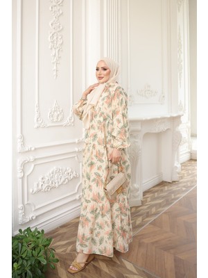 İmaj Butik Pudra Yarım Düğmeli Kol Lastikli Eteği Katlı Elbise