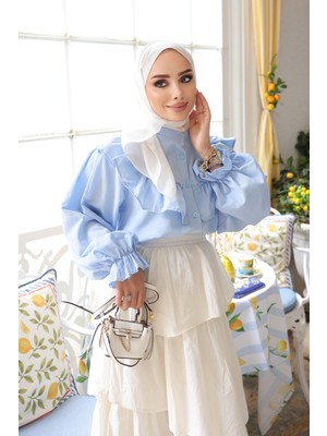 İmaj Butik Bebe Mavi Önü Fırfırlı Kol Lastikli Gömlek