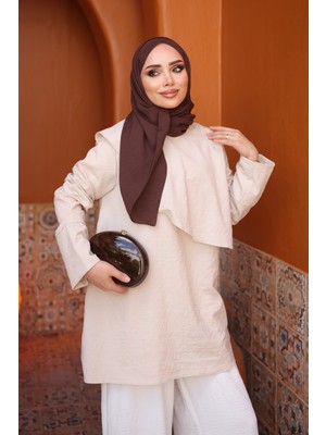İmaj Butik Bej Ön Detaylı Bel Bağlamalı Tunik