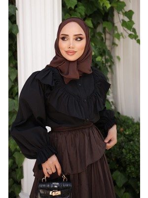 İmaj Butik Siyah Önü Fırfırlı Kol Lastikli Gömlek