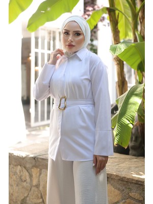 İmaj Butik Beyaz Beli Kemerli Düğmeli Tunik