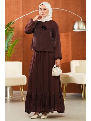 İmaj Butik Mürdüm Kol Lastikli Bronş Detaylı Bluz Etekli Takım