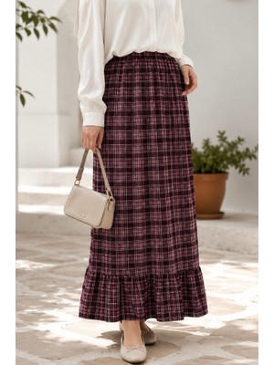 İmaj Butik Mürdüm Bel Lastikli Alt Fırfırlı Desenli Etek