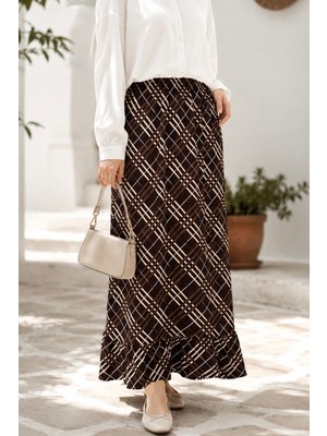 İmaj Butik Kahverengi Bel Lastikli Alt Fırfırlı Desenli Etek