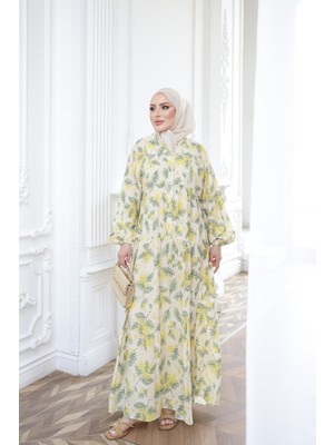 İmaj Butik Sarı Yarım Düğmeli Kol Lastikli Eteği Katlı Elbise