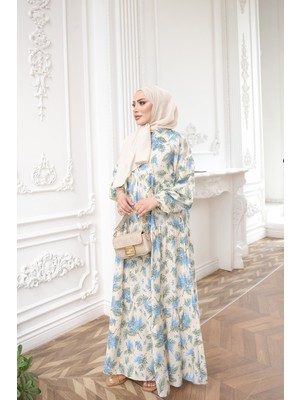 İmaj Butik Mavi Yarım Düğmeli Kol Lastikli Eteği Katlı Elbise