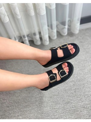 Asmi Shoes Kadın Eleni Siyah Süet Çift Tokalı Rahat Taban Terlik