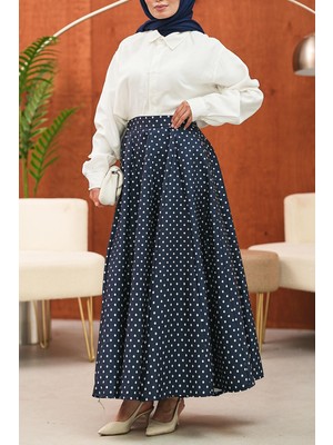 İmaj Butik Lacivert Puantiye Desenli Kloş Etek