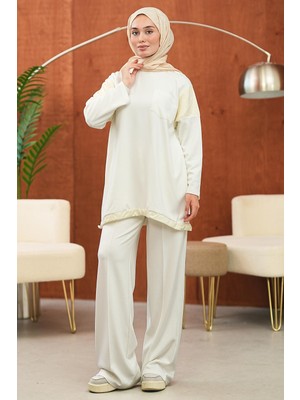 İmaj Butik Ekru Deri Garnili Tunik Pantolonlu Takım