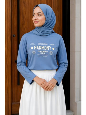 İmaj Butik Mavi Bisiklet Yaka Baskılı Penye Body