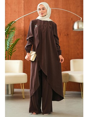 İmaj Butik Kahverengi Kol Lastikli Asimetrik Kesim Tunik Pantolonlu Takım