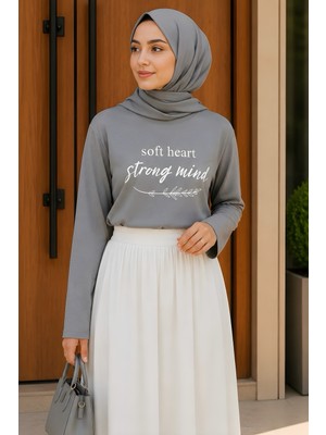 İmaj Butik Gri Bisiklet Yaka Baskılı Penye Body