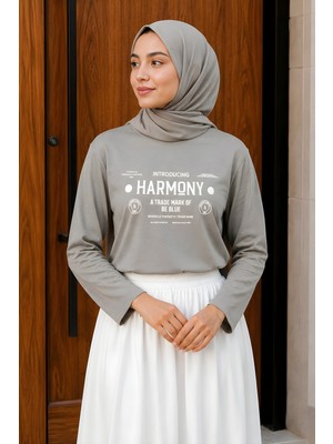 İmaj Butik Gri Bisiklet Yaka Baskılı Penye Body
