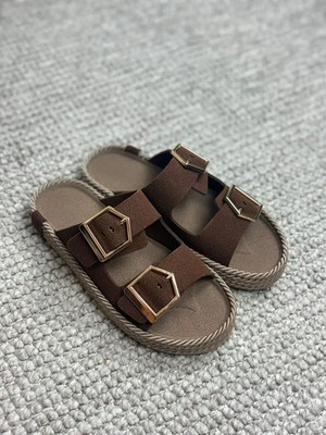 Asmi Shoes Kadın Eleni Kahve Süet Çift Tokalı Rahat Taban Terlik