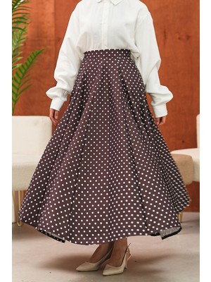 İmaj Butik Kahverengi Puantiye Desenli Kloş Etek