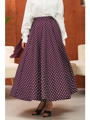 İmaj Butik Mürdüm Puantiye Desenli Kloş Etek