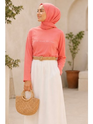 İmaj Butik Pembe Bisiklet Yaka Baskılı Penye Body