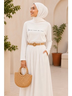 İmaj Butik Beyaz Bisiklet Yaka Baskılı Penye Body