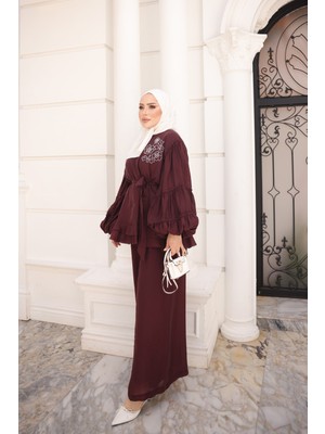 İmaj Butik Mürdüm Bel Bağlamalı Balon Kol Fırfırlı Tunik Pantolonlu Takım