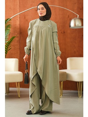 İmaj Butik Haki Kol Lastikli Asimetrik Kesim Tunik Pantolonlu Takım