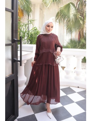 İmaj Butik Mürdüm Önü Dantel Detaylı Etekli Takım
