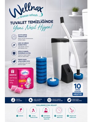 Wellnax Breeze Refresh Özel Tuvalet Temizlik Seti ve Kullan At 10 Adet Deterjanlı Tuvalet Yedek+Pembe Köpük Hediyeli