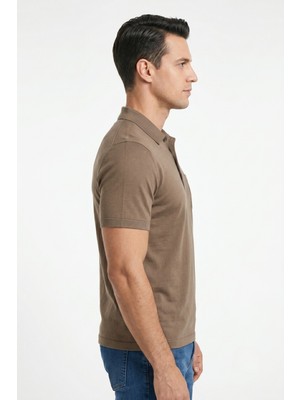 Bihan Store Düz Polo Yaka Merserize Erkek Triko T-Shirt 8001-2-KOYU Bej