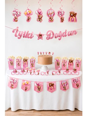 Patladı Gitti Pembe Ayıcık Temalı Doğum Günü Parti Seti – Banner, Tavan Süsü, Gözlük, Pasta Figürü ve Mısır Kutusu Seti