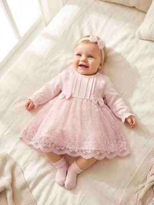 Bebila Baby Kız Bebek Mevlütlük Elbise Bandanalı Dantelli Yeni Doğan Hastane Çıkışı %100 Pamk Gelinlik Abiye 4029