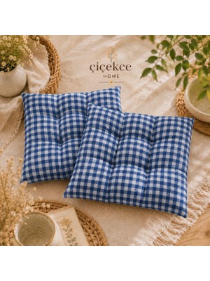 ÇİÇEKCE HOME Çiçekce Home Sandalye Minderi Pötikare Desen Boncuk Silikonlu Dekoratif Minder 2 Adet Mavi