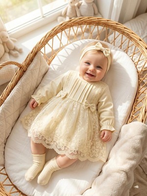 Bebila Baby Kız Bebek Mevlütlük Elbise Bandanalı Dantelli Yeni Doğan Hastane Çıkışı %100 Pamk Gelinlik Abiye 4029