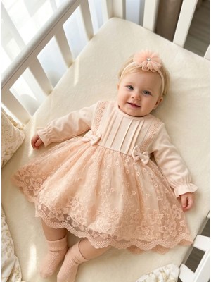 Bebila Baby Kız Bebek Mevlütlük Elbise Bandanalı Dantelli Yeni Doğan Hastane Çıkışı %100 Pamk Gelinlik Abiye 4029