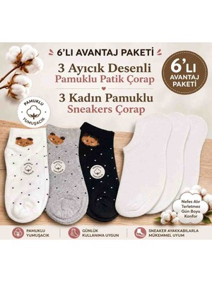 Kadın Pamuklu 3 Çift Ayıcık 3çift Sneakers 6lı Set