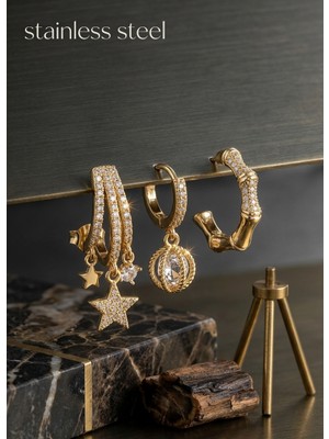 Stainless Steel Pirinç Zirkon Taşlı Sallantılı Yıldız Model Gold Renk Zirkon 3'lü Küpe Set