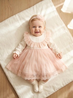Bebila Baby Kız Bebek Mevlütlük Elbise Bandanalı Dantelli Yeni Doğan Hastane Çıkışı Gelinlik Abiye  %100 Pamuk 4034