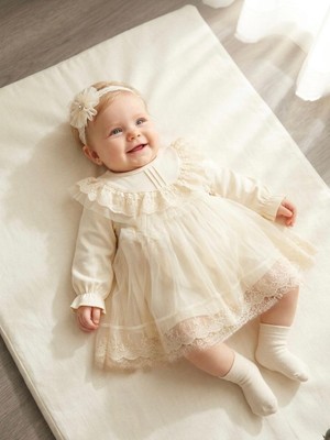 Bebila Baby Kız Bebek Mevlütlük Elbise Bandanalı Dantelli Yeni Doğan Hastane Çıkışı Gelinlik Abiye  %100 Pamuk 4034