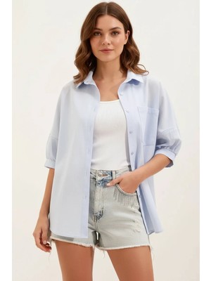 Kadın Cep Detaylı Basic Oversize Kısa Kol Pamuklu Bebe Mavisi Gömlek