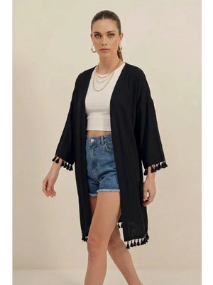 Kadın Fırfırlı Püsküllü Kol Detayı Etek Siyah Kimono