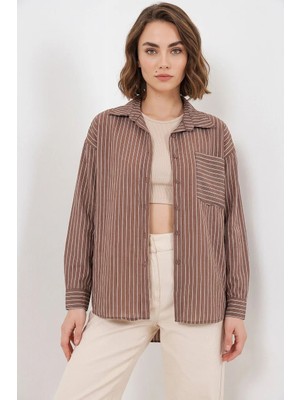 Kadın Oversize Tek Cepli Çizgili Viskon Kahverengi Gömlek