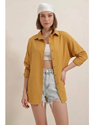 Kadın Oversize Basic Pamuklu Hardal Gömlek