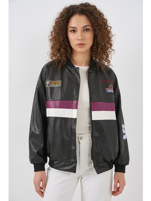 0698 Baskılı Suni Deri Bomber Ceket - Bordo