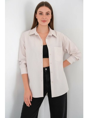 Kadın Oversize Tek Cepli Çizgili Pamuklu Krem Gömlek