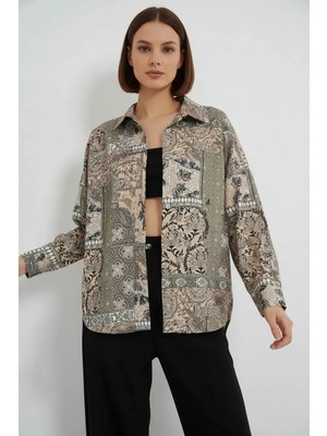 Kadın Oversize Desenli Saten Çağla Yeşili Gömlek