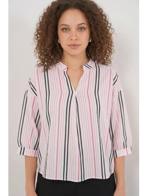 Kadın V Yaka Oversize Çizgili Viskon Pembe Bluz