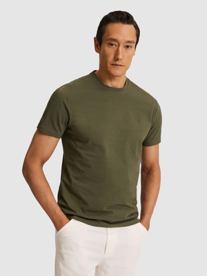 Cacharel Erkek Haki Slim Fit Bisiklet Yaka Pamuk Karışımlı Basic T-Shirt 50328373-VR027
