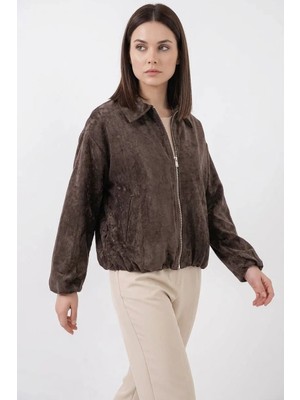 Kadın Klasik Yaka Normal Büzgülü Oversize Kadife Kahverengi Ceket