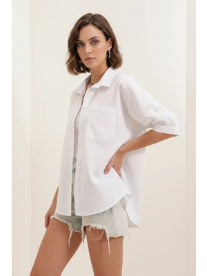 Kadın Kısa Kol Basic Oversize Pamuklu Beyaz Gömlek