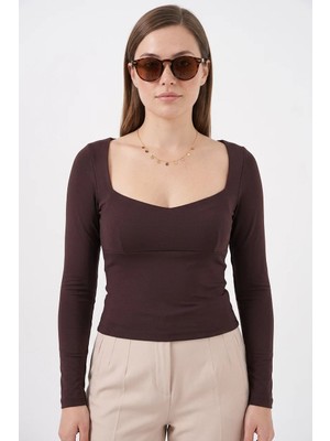 Kadın Kare Yaka Slim Fit Kahverengi Bluz