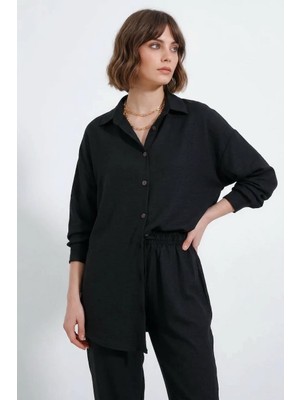 Kadın Beli Büzgülü Oversize Viskon Siyah Takım