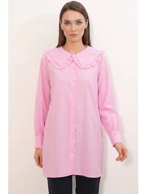 Kadın Geniş Yaka Fırfır Detaylı Çizgili Pembe Tunik Gömlek